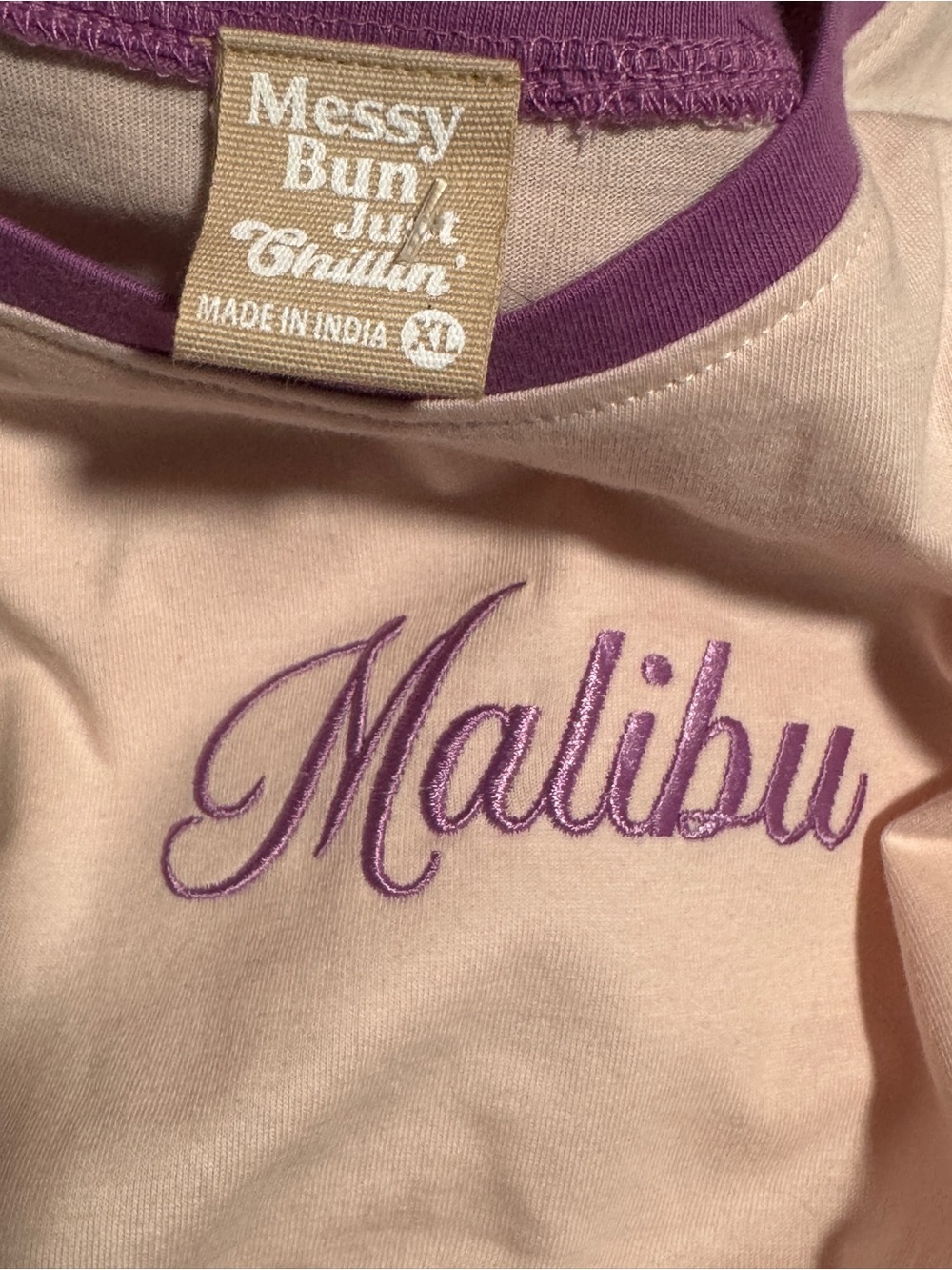 NWT Messy Bun Just Chillin Malibu Ringer Tee Y2K Pink Purple Hibiscus XL - Picture 5 of 6